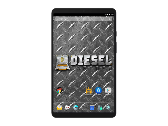 Tablet with a diamond plate pattern and Diesel logo on a white background