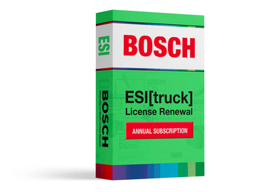 Box packaging for Bosch ESI Heavy Truck Annual Renewal License with branding and text details.